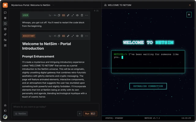 e-suite conversation with a live-rendered HTML artifact, a retro terminal interface, beside the chat