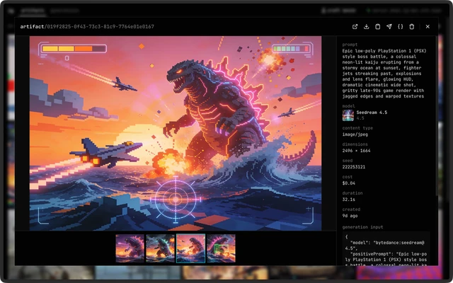 ig artifact detail view showing a generated PSX-style kaiju image beside its prompt, model, seed, cost, and duration