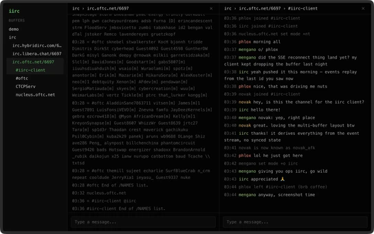 iirc web client: a buffer sidebar beside two channel panels, a names list and a live #iirc-client conversation