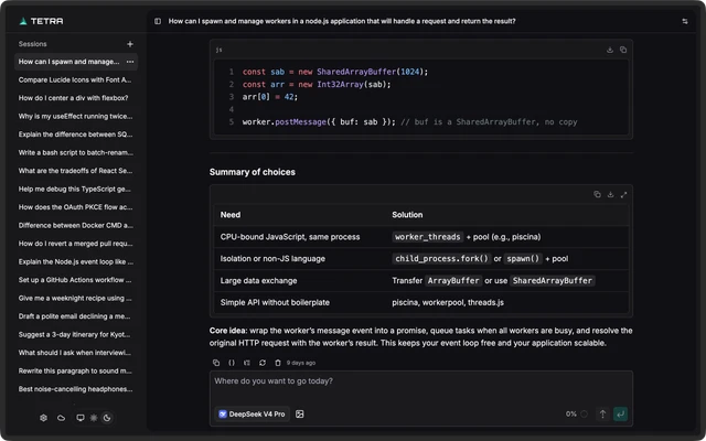 tetra answering a Node.js workers question with a code block and a comparison table
