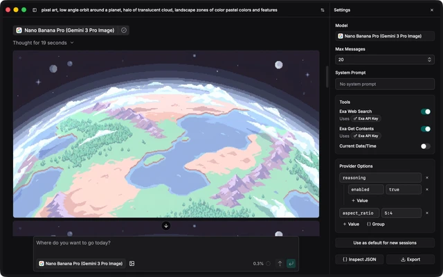 tetra chat session with an AI-generated pixel-art planet beside a settings panel of model, tool, and provider options